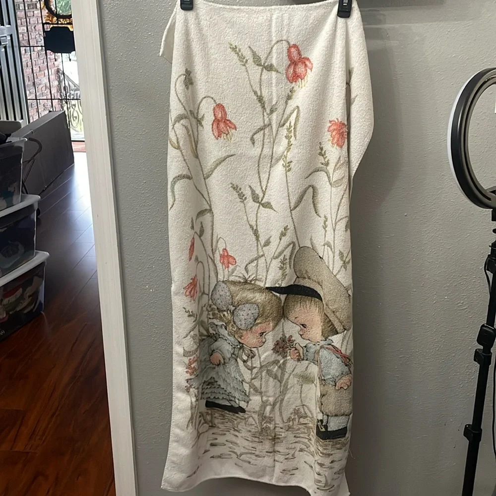 vintage kel tex bath towel 100% cotton blue holly hobbie flowers